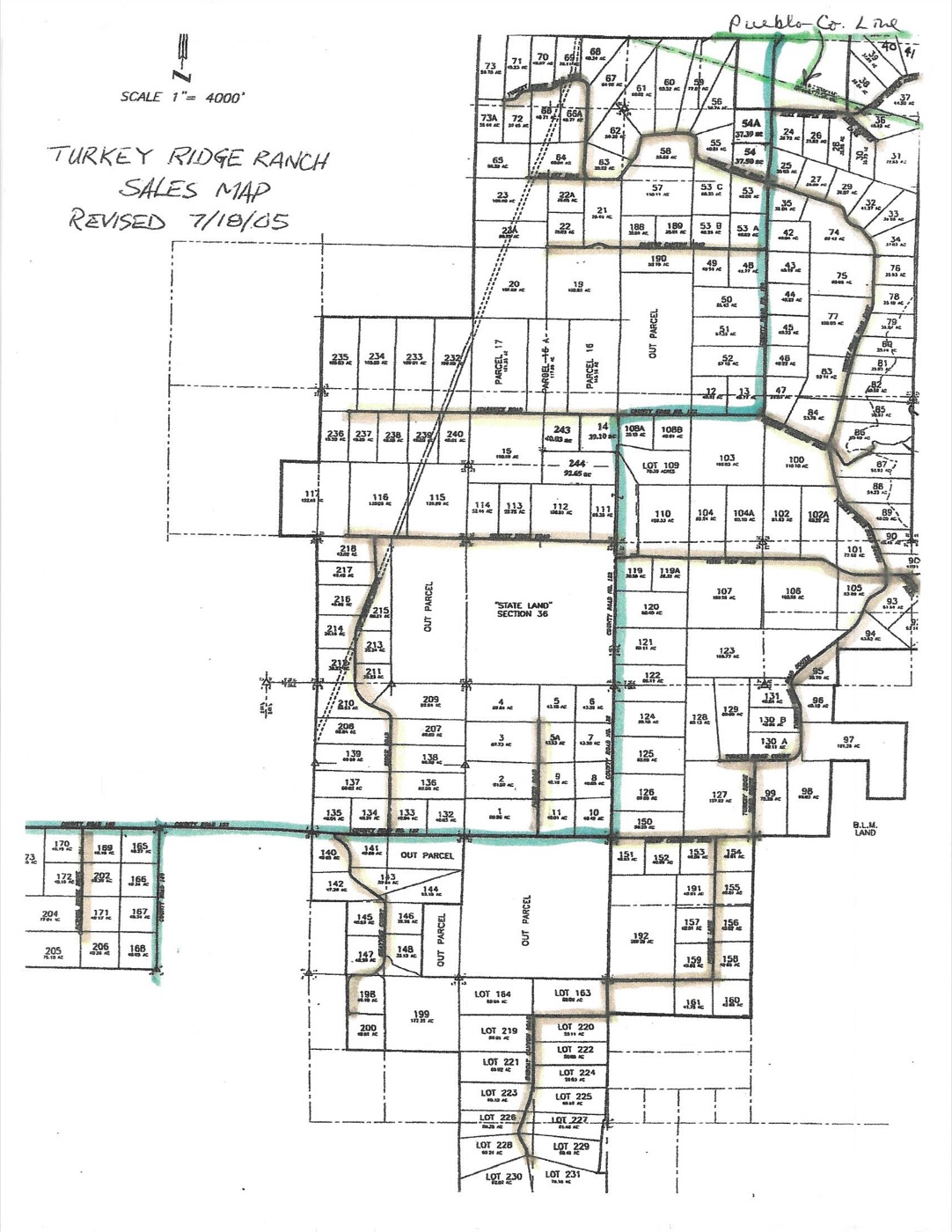Turkey Ridge Ranch sales map, revised July 18, 2005, showing numbered lots, highlighted roads including County Roads 120 and 122, state land in Section 36, and the Pueblo County line at the north edge.